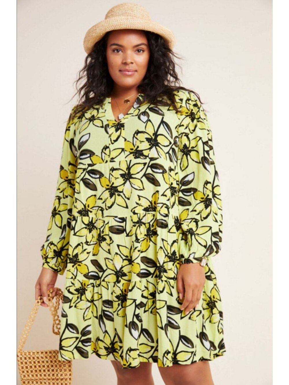 Anthropologie Maeve Amber Tiered Tunic Mini Dress  Yellow Floral 1X